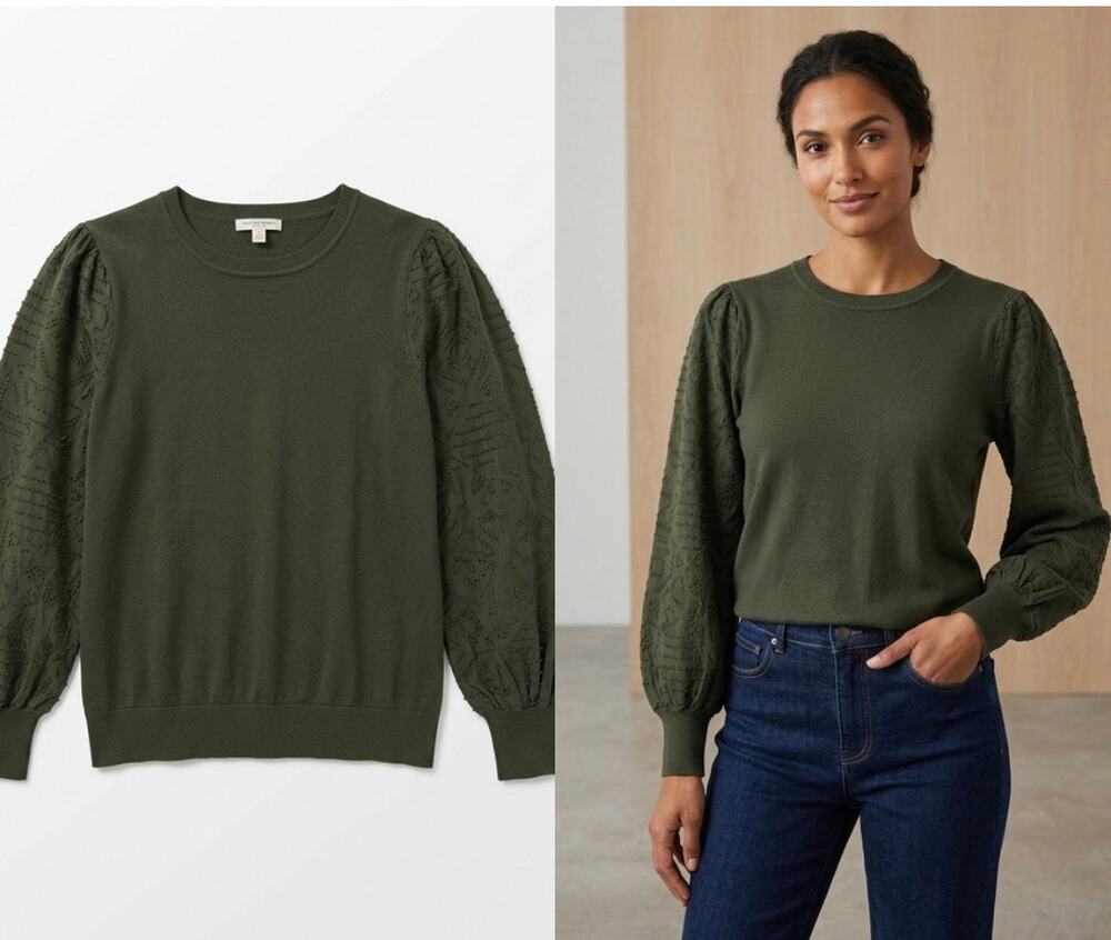 Rio & Rian NY Olive Green Mixed Media Knit Top Puff Sleeve Large
